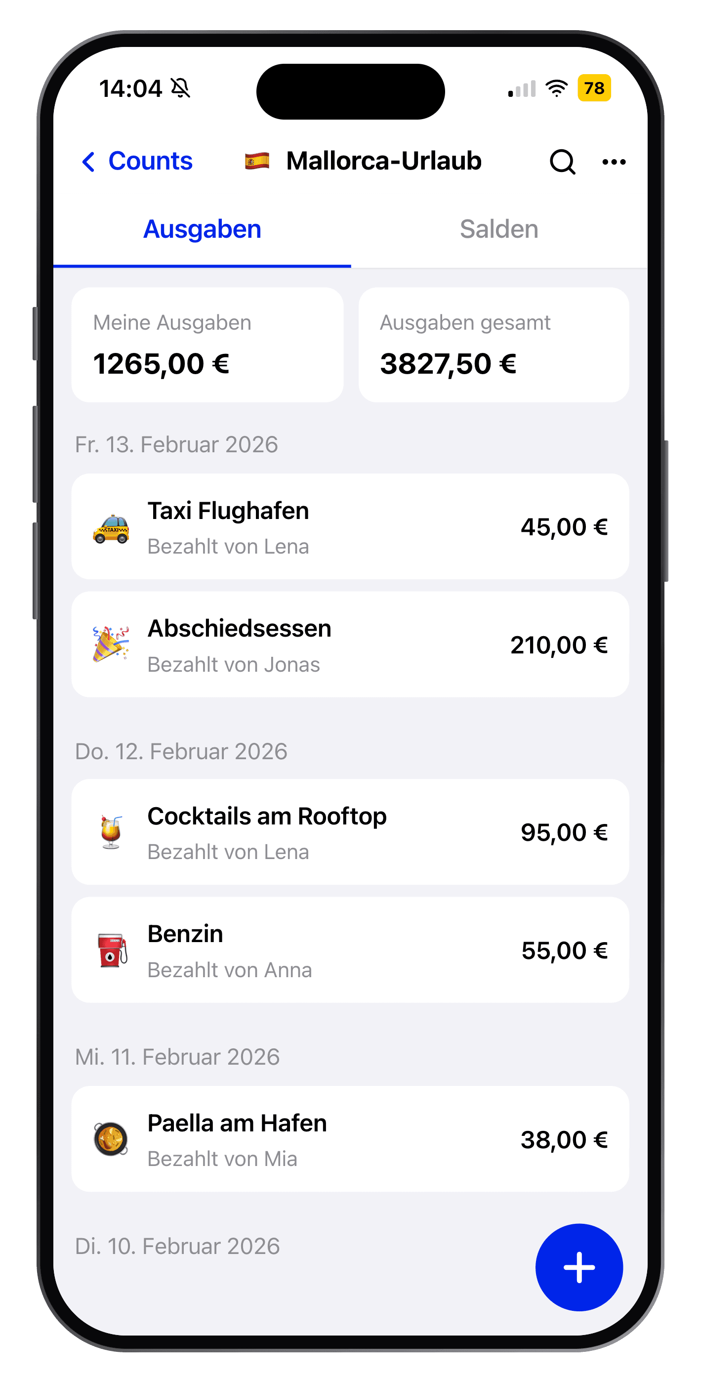 Ausgabenliste eines Counts in CountClub
