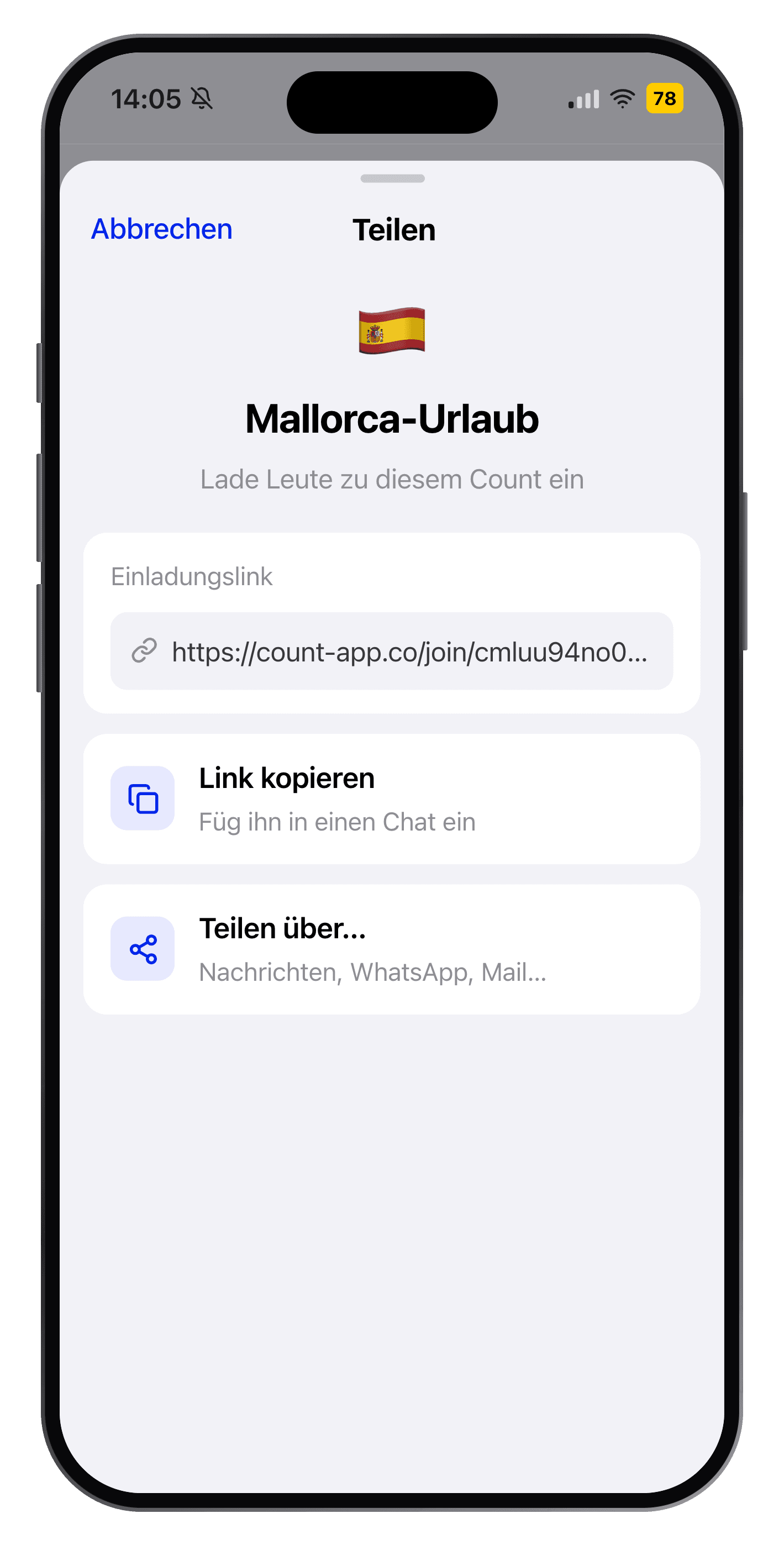 Bildschirm zum Teilen eines Counts in CountClub