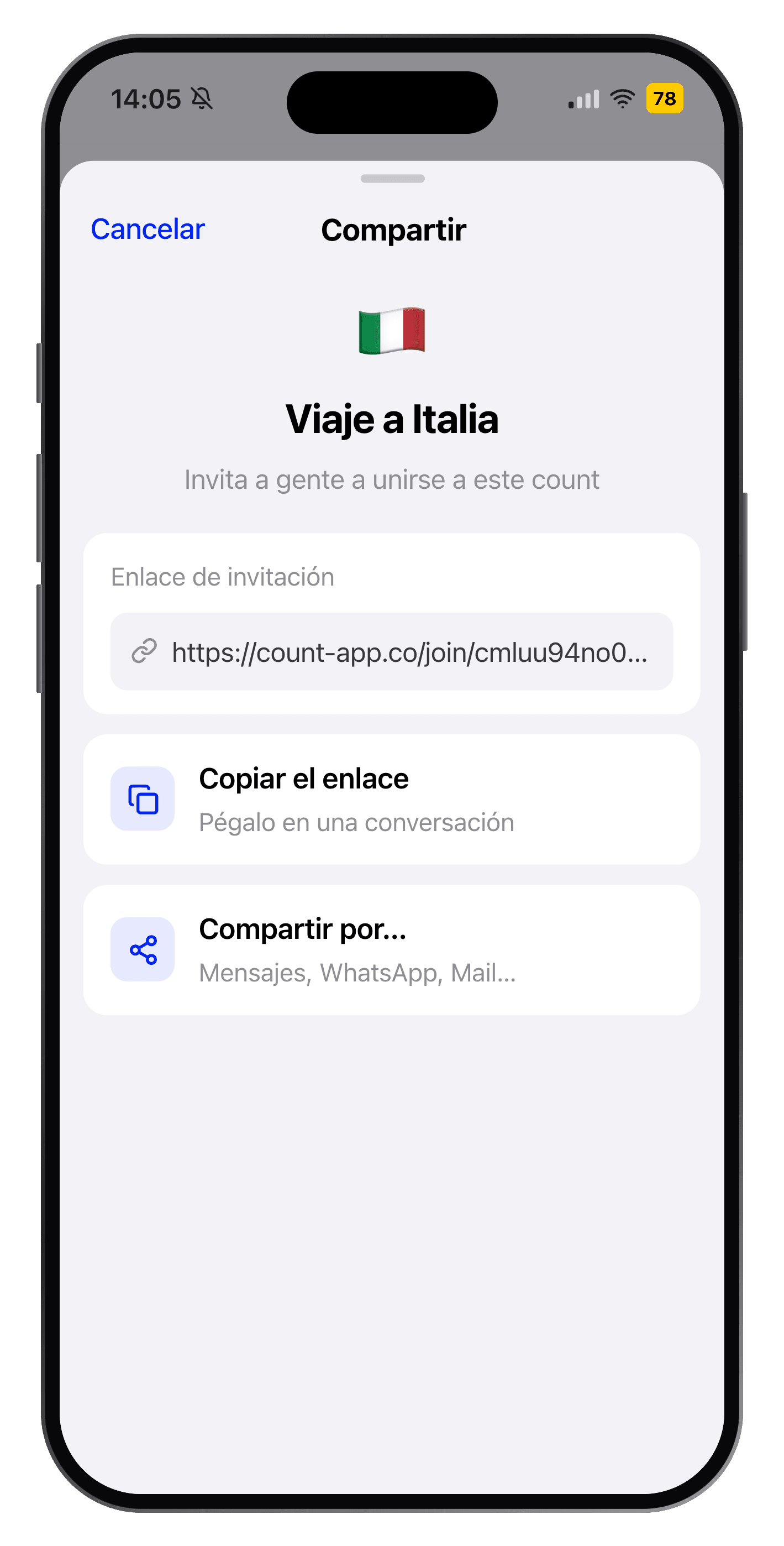 Pantalla para compartir un count en CountClub