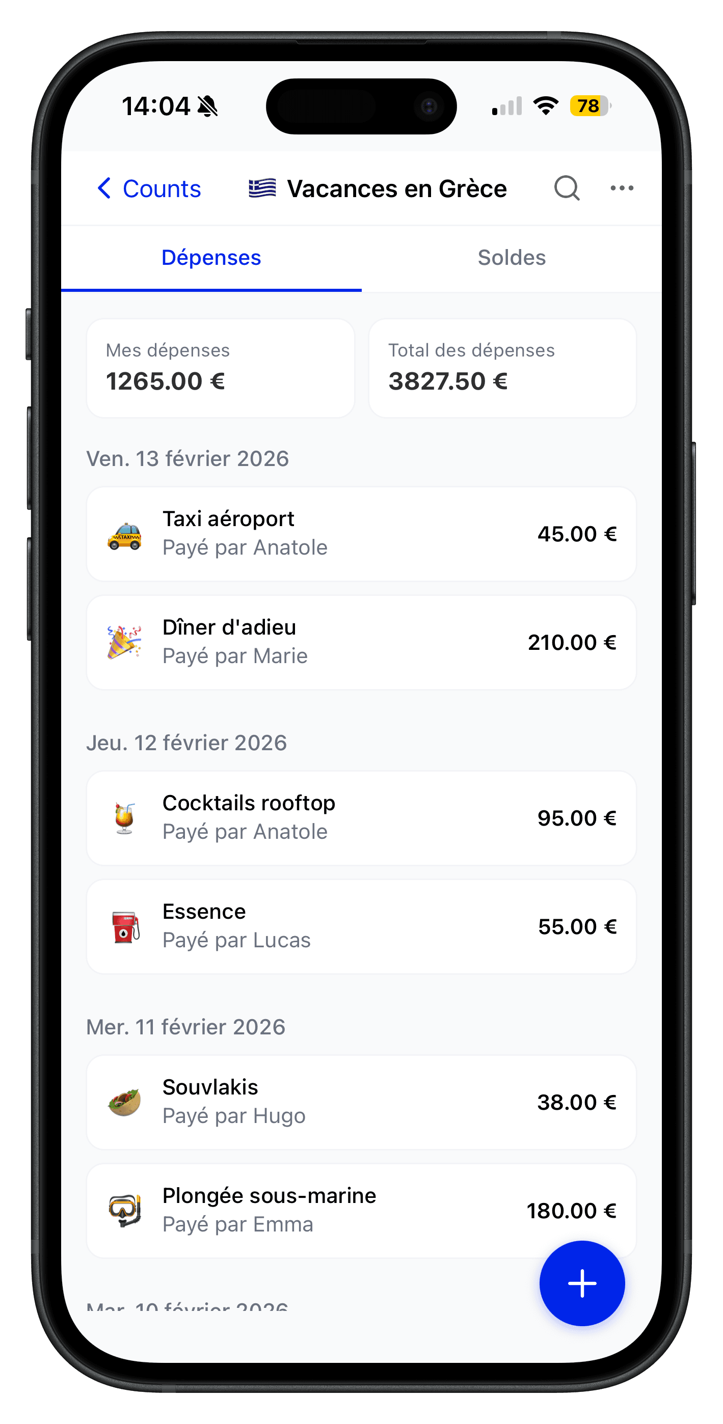 Liste des dépenses d'un count dans CountClub